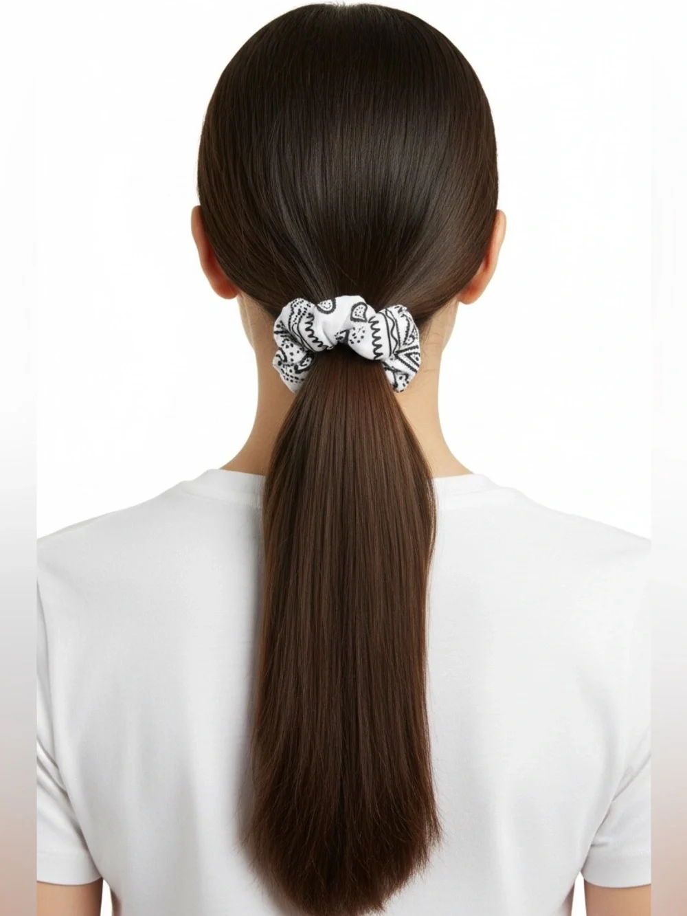 White & Black Paisley Print Bandana Floral Flower Western Hair Tie Scrunchie